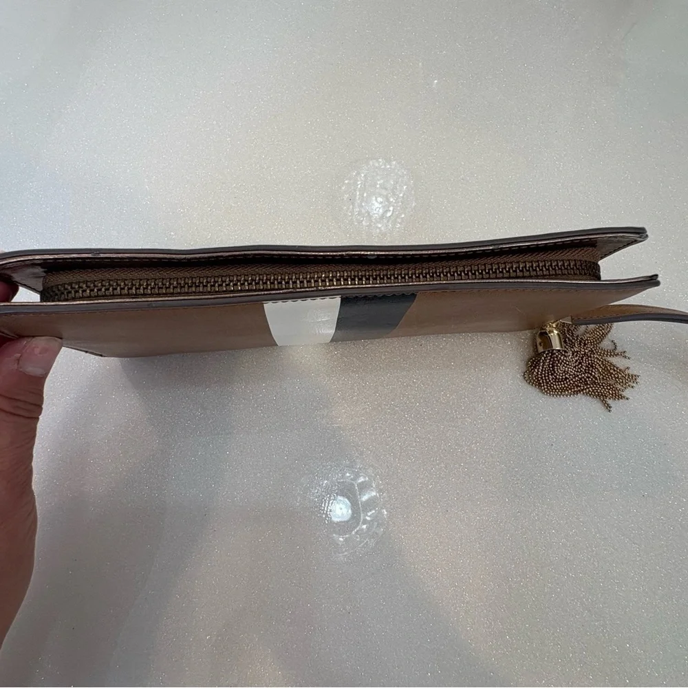 The Limited Tan and Gold Wallet Wristlet Clutch Gold Tassle Chain Beige striped